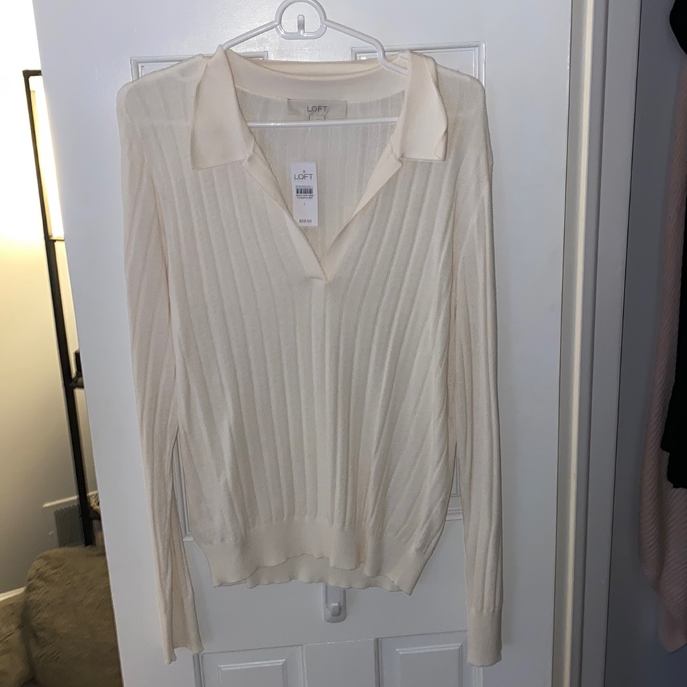 Loft V-Neck polo long sleeve white large